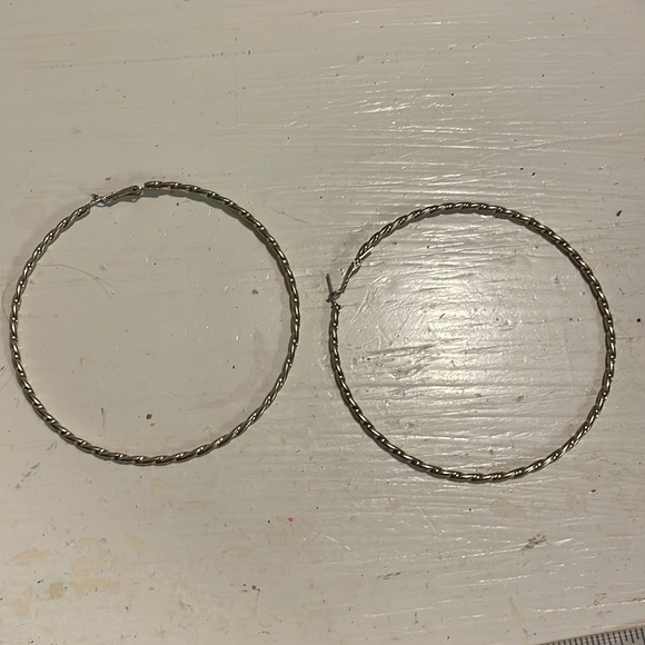 4” gold tone diamond etched open hoop earrings with latch back closures - Picture 8 of 14